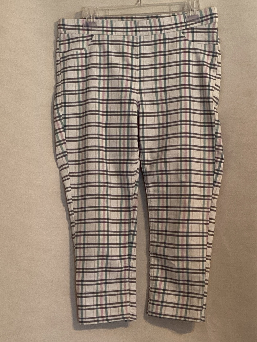 Zac & Rachel Cream Plaid Capri Pants with Grey, Taupe, Green, & Pink Lines